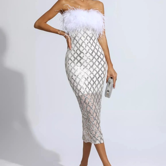 White Sequin Strapless Feather Dress - Picture 1 of 8